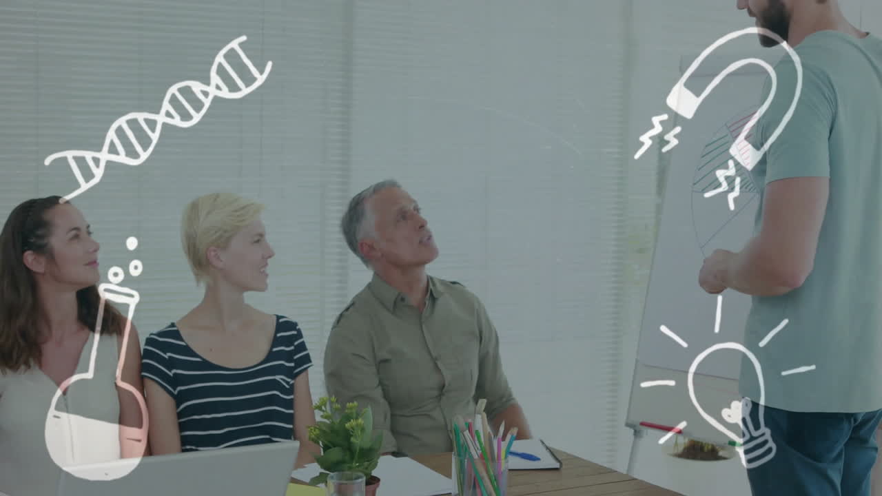 ciencia y la animación de la innovación sobre diversas personas en la reunión