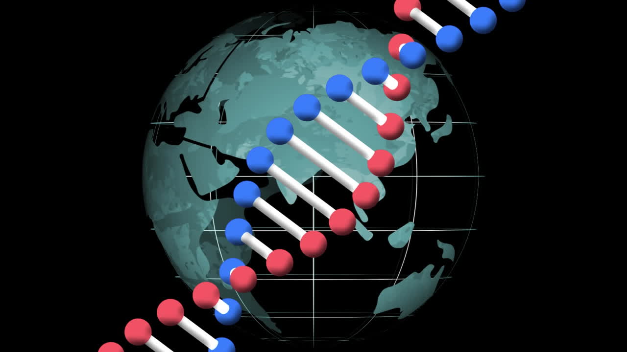 animación de una cadena de adn girando sobre el globo sobre un fondo negro