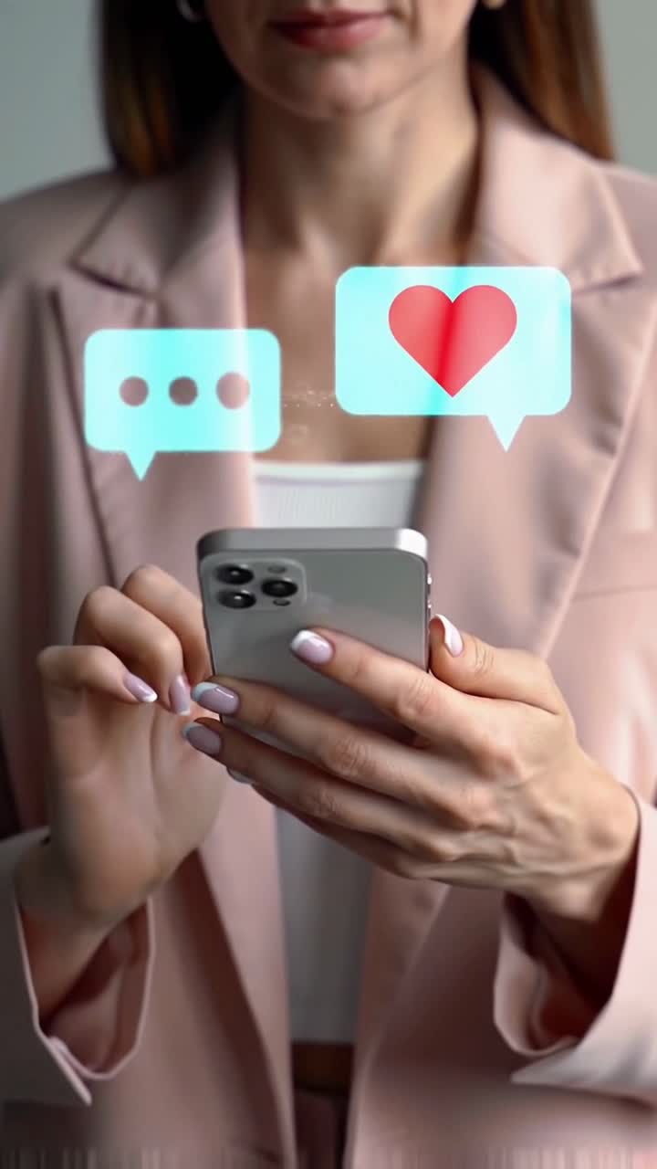 Donna elegante in tailleur rosa che usa il suo smartphone