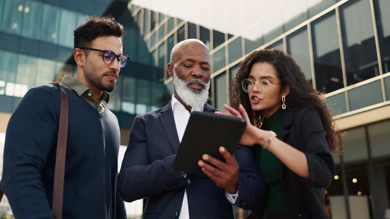 Tablet, meeting and business people with manager