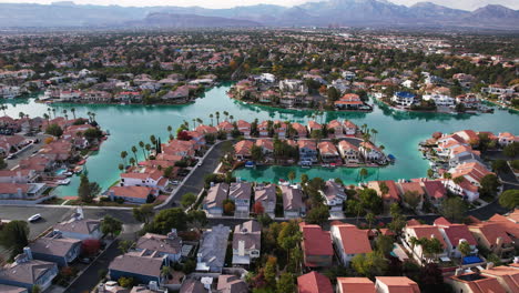 drone shot of the lakes, upscale residential community of las vegas, nevada usa, homes and streets