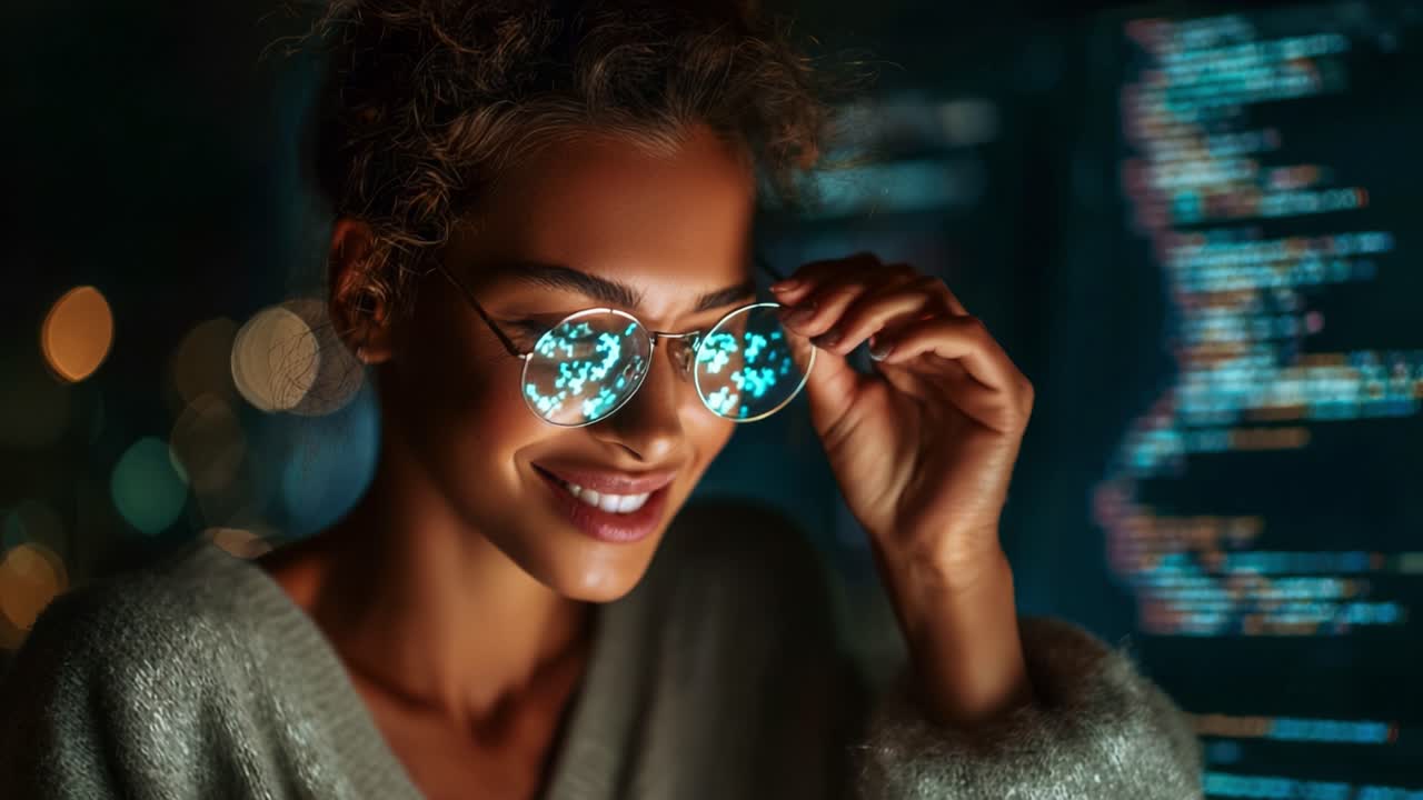 Una giovane donna sorride con sicurezza mentre si sistema gli occhiali alla moda, mostrando un mix di tecnologia moderna ed espressione personale in un ambiente vivace e migliorato digitalmente
