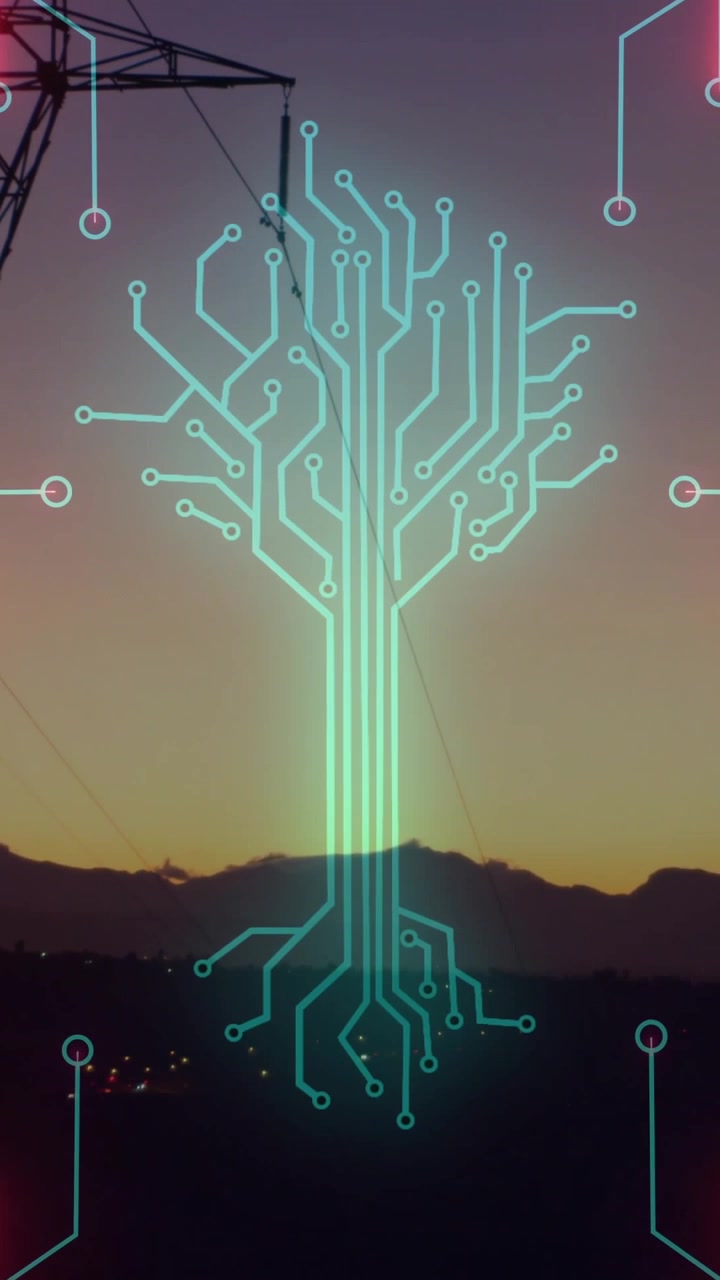 Vertical video: Crescent appearing, breaking into beams forming neon circuit-tree to visualize grid