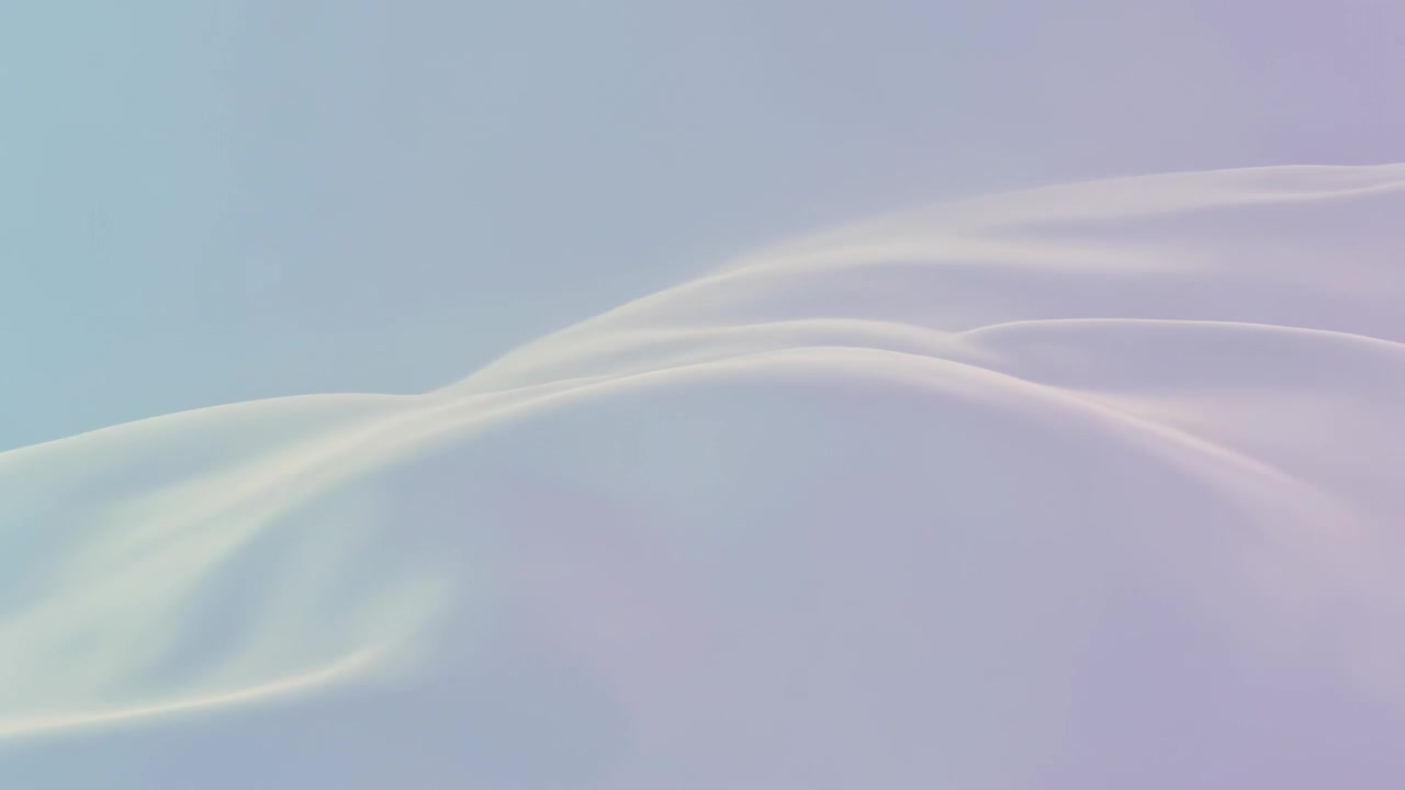 Emerging in first frame, translucent ribbons expanding, forming band over blue-lavender gradient
