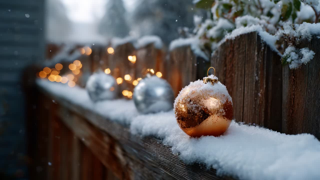 En fredfyldt vinterscene, der viser et smukt dekoreret træhegn pyntet med glitrende julekugler og fine lyskæder, alt sammen omgivet af et blødt dække af frisk, glitrende sne.