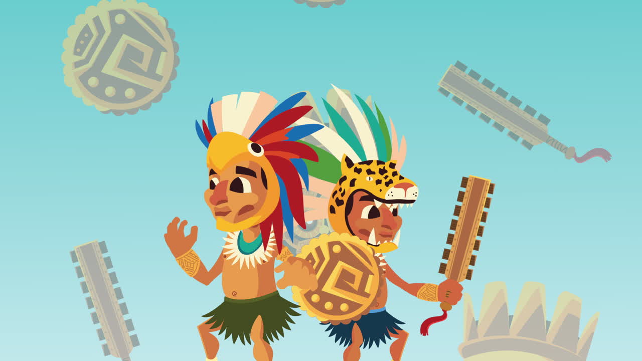 cultura azteca nativos con animales animación de sombrero