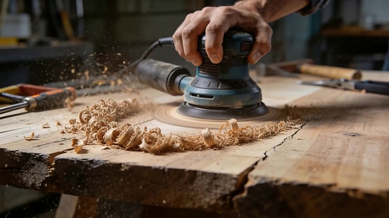 Placing orbital sander, woodworker gripping and guiding it across wooden slab, removing high spots