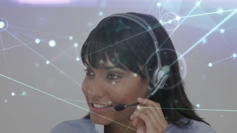 Animation-of-networks-of-connections-over-businesswoman-using-phone-headsets