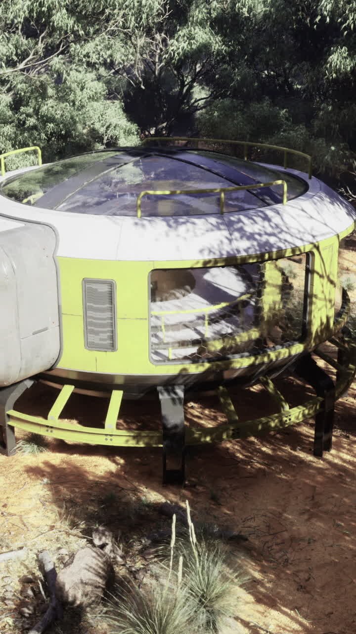 Habitat futuristico unico situato in una fitta foresta e circondato da alberi.