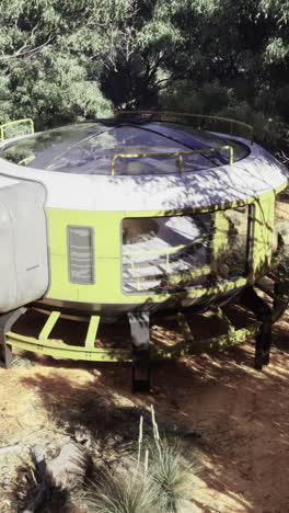 unique futuristic habitat located in a dense forest setting surrounded by trees