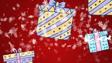 Animation-of-gifts-and-santa-claus-in-sleigh-with-reindeer-over-snow-falling-on-red-background