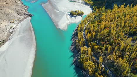 Aerial-View-of-the-Turquoise-River-and-Golden-Autumn-Trees-in-Gilgit-Baltistan,-Pakistan