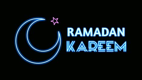 拉馬丹卡里姆 (ramadan kareem) 藍色燈光,黑色背景的文字動畫,發光,閃<unk>的拉馬丹卡利姆 ( ramadan kareem ) 藍色背景文字,拉馬登卡里姆概念,4k動畫