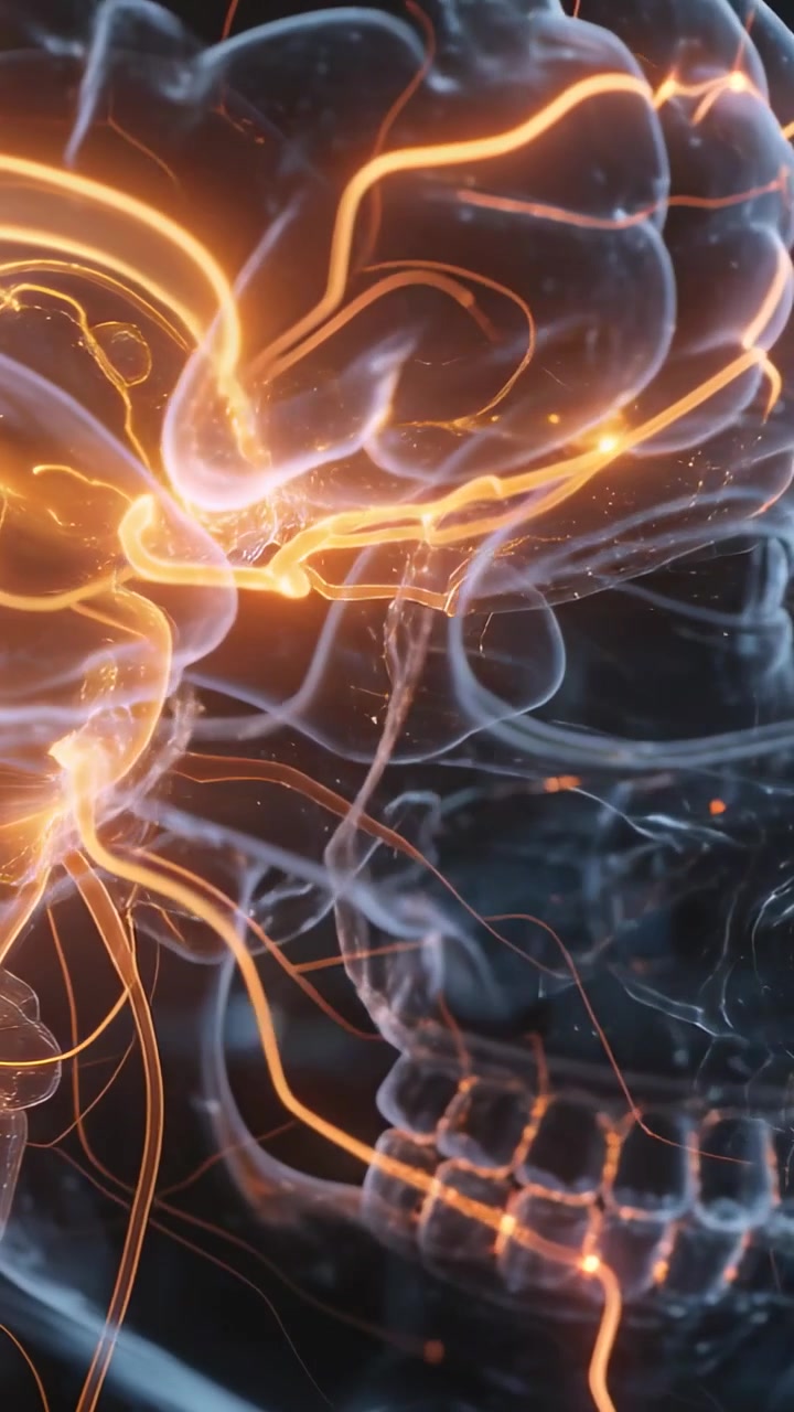 Vertical video: Zooming camera revealing skull brain pulsing orange nerves to jaw on dark backdrop