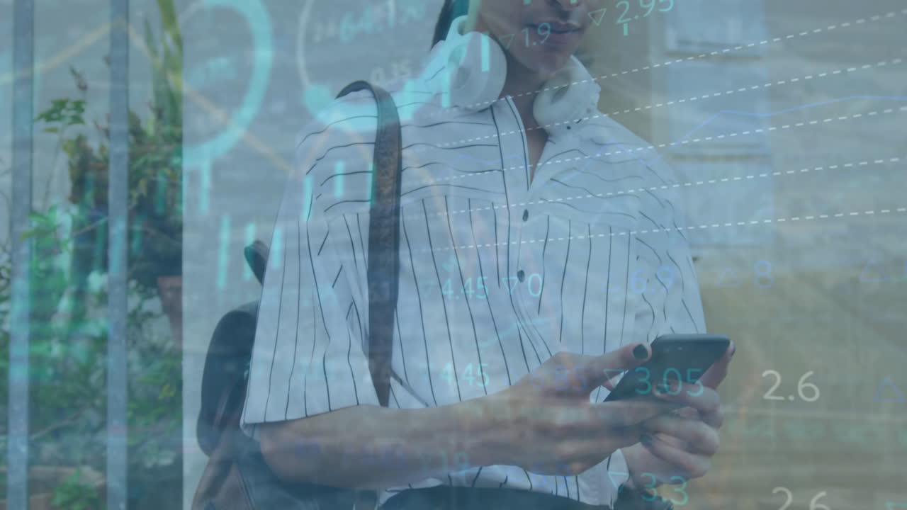 Animation of financial data processing over biracial woman with smartphone on the go