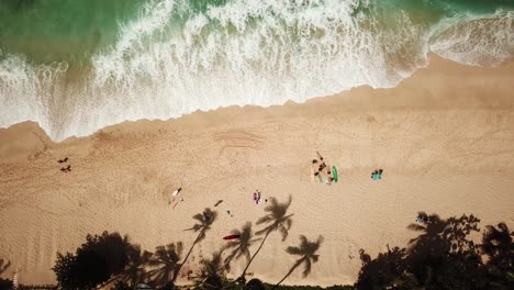 Lowering-aerial-view-above-waves-crashing-on-a-tropical-sandy-beach-in-Hawaii