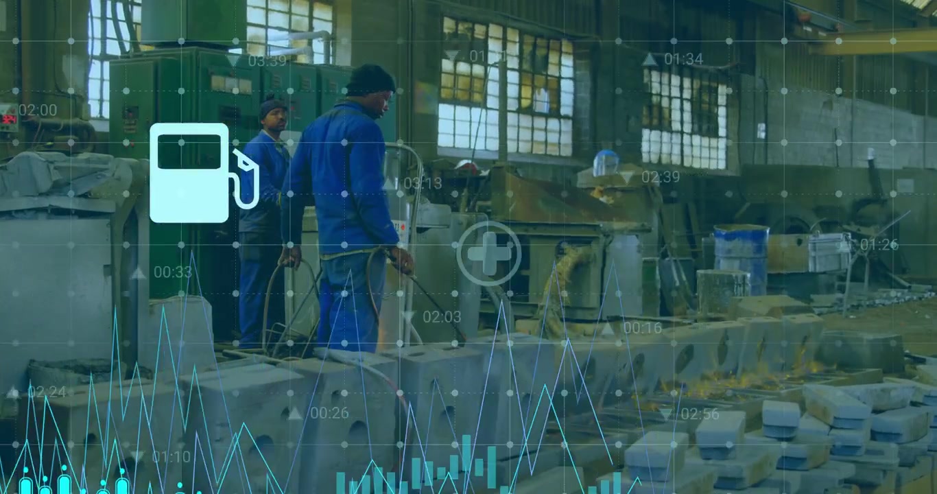 Torch igniting operator directing flame, coworker watching, data overlays showing melt metrics