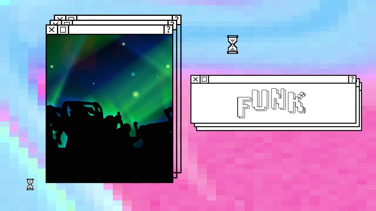 animación de funk en texto blanco en ventana apilada, con multitud y luces animadas, en azul y rosa