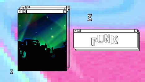 Animation of funk in white text in stacked window, with cheering crowd and lights, on blue and pink