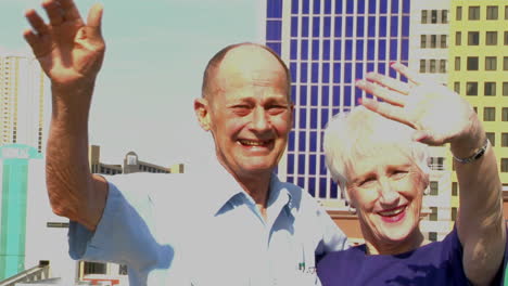 una pareja de ancianos saluda