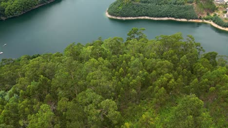 Aerial-Reveal-of-Caldo-River's-Bridge-over-Caniçada,-Gerês,-Northern-Portugal-with-Lake-Reflections-on-a-Sunny-Day