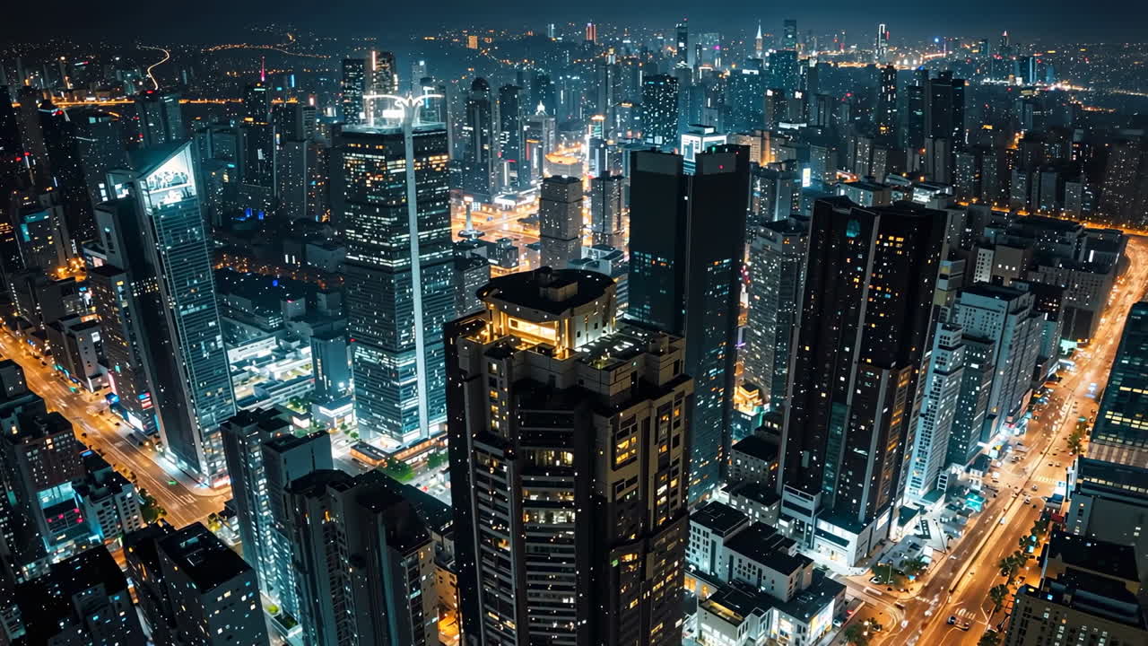 paisaje urbano nocturno con rascacielos iluminados