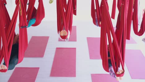 group-of-women-lies-relaxed-in-special-bright-red-hammocks