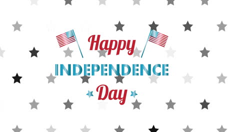 animación del texto del feliz día de la independencia sobre estrellas en fondo blanco.