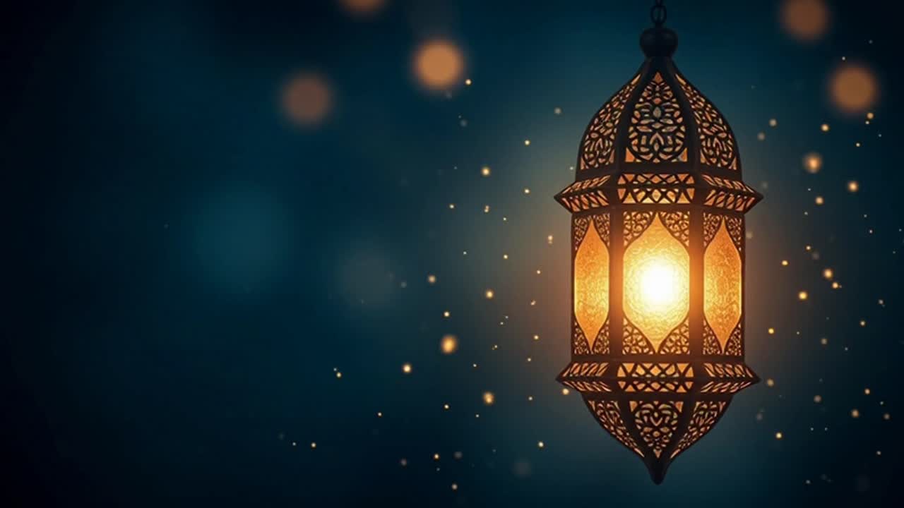 Lanterna luminosa Ramadan Kareem con particelle bokeh