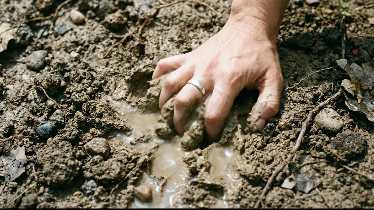 Close-Up of Hand Pressing into Wet Mud and Soil