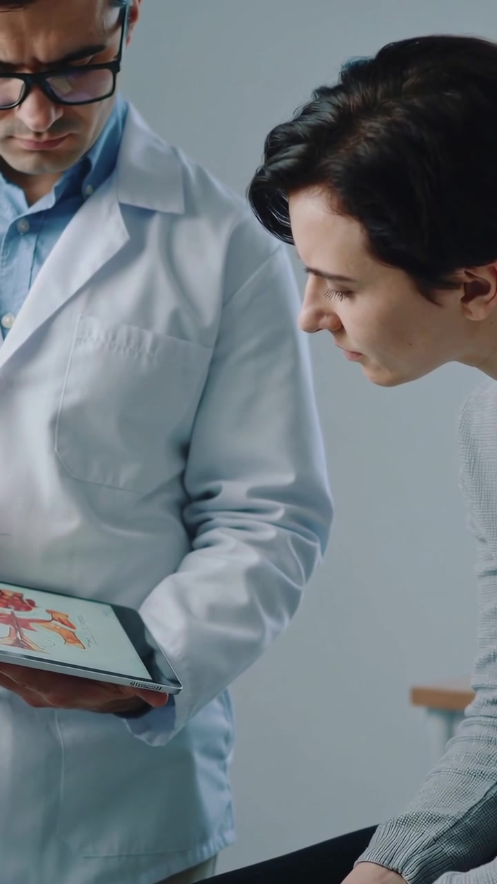 Vídeo vertical: Médico de jaleco e óculos tocando na tela e mostrando a anatomia em um tablet na clínica, paciente inclinado