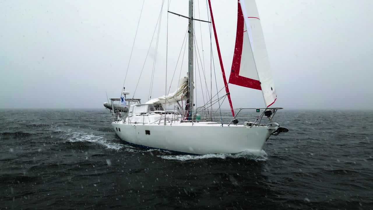 Drone shot in front of a sailboat, sailing on the ocean, in bad blizzard weather