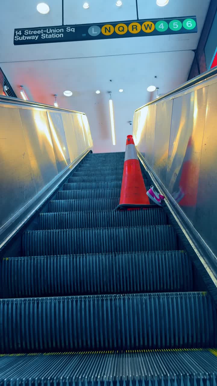 Rulletrappe med afspærringskegle og sko på metrostation. Vertikalt perspektiv af en metrorulletrappe med en orange kegle og en mistet pink sneaker ved en stationsindgang