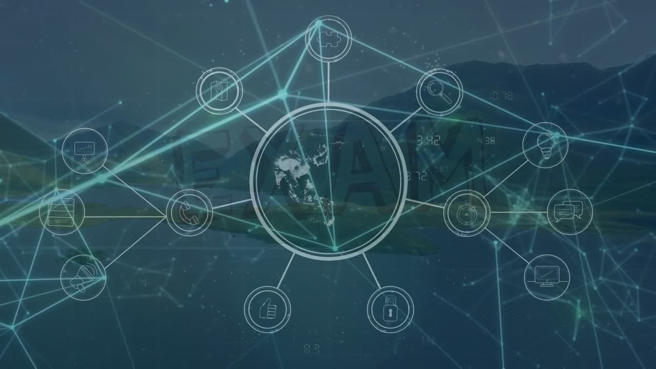 Animation of exam text and network of connections over landscape