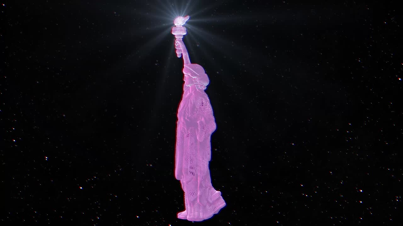 3d 회전하는 자유의 동상 애니메이션, 플리치 효과, 웹크 아트 스타일의 미래의 기념비, nft 크립토아트 컨셉, 4k