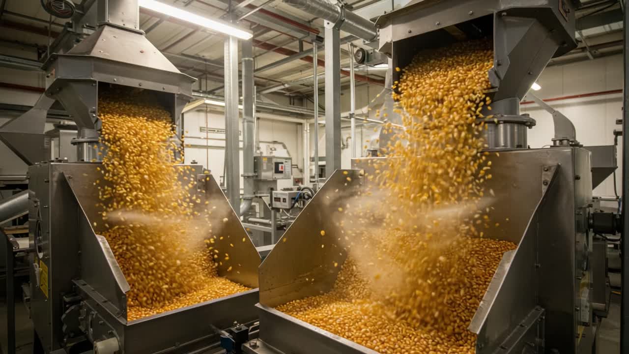Automated Production Line With Flowing Golden Grains: A Dynamic View of Modern Manufacturing Processes in Action, Showcasing the Efficient Output of a Busy Facility