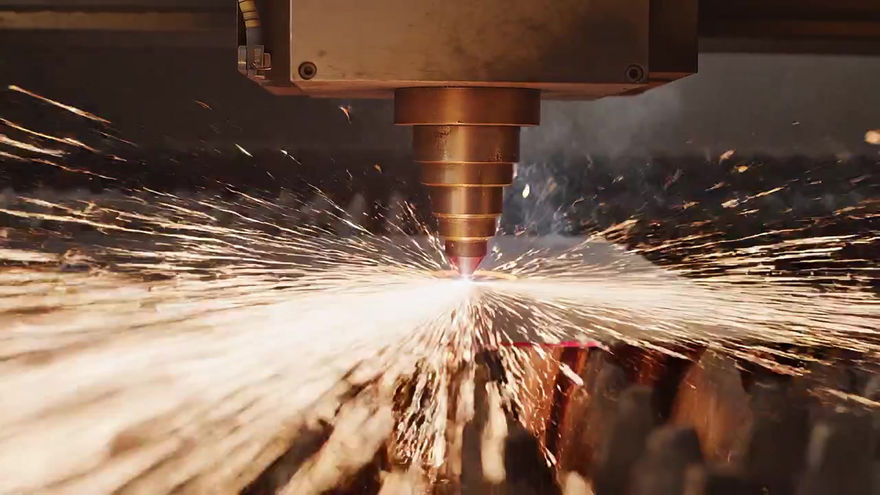 Macchina industriale per il taglio laser che lavora una lamiera metallica con scintille.