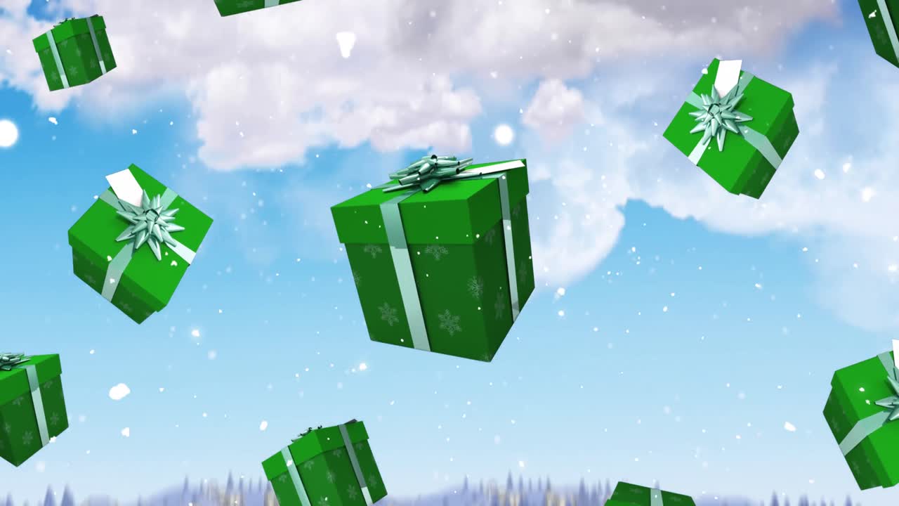 animación de regalos sobre el cielo con nubes y paisaje de invierno