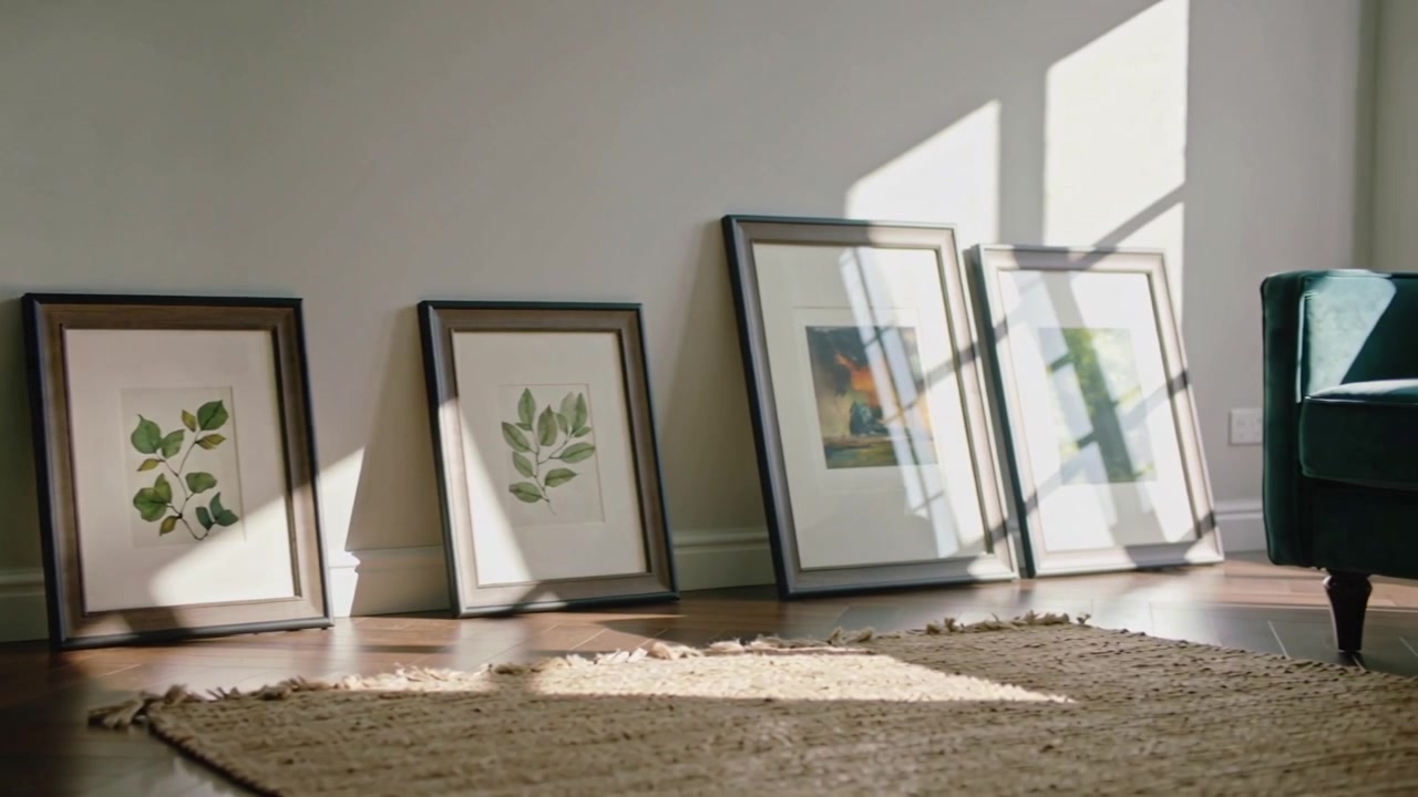 Kameraschwenk, der Sonnenlicht zeigt, das über an der Wand lehnende Bilderrahmen im Wohnzimmer streicht und ein türkisfarbenes Sofa enthüllt.