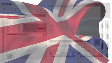 british flag waving over data processing and analytics animation