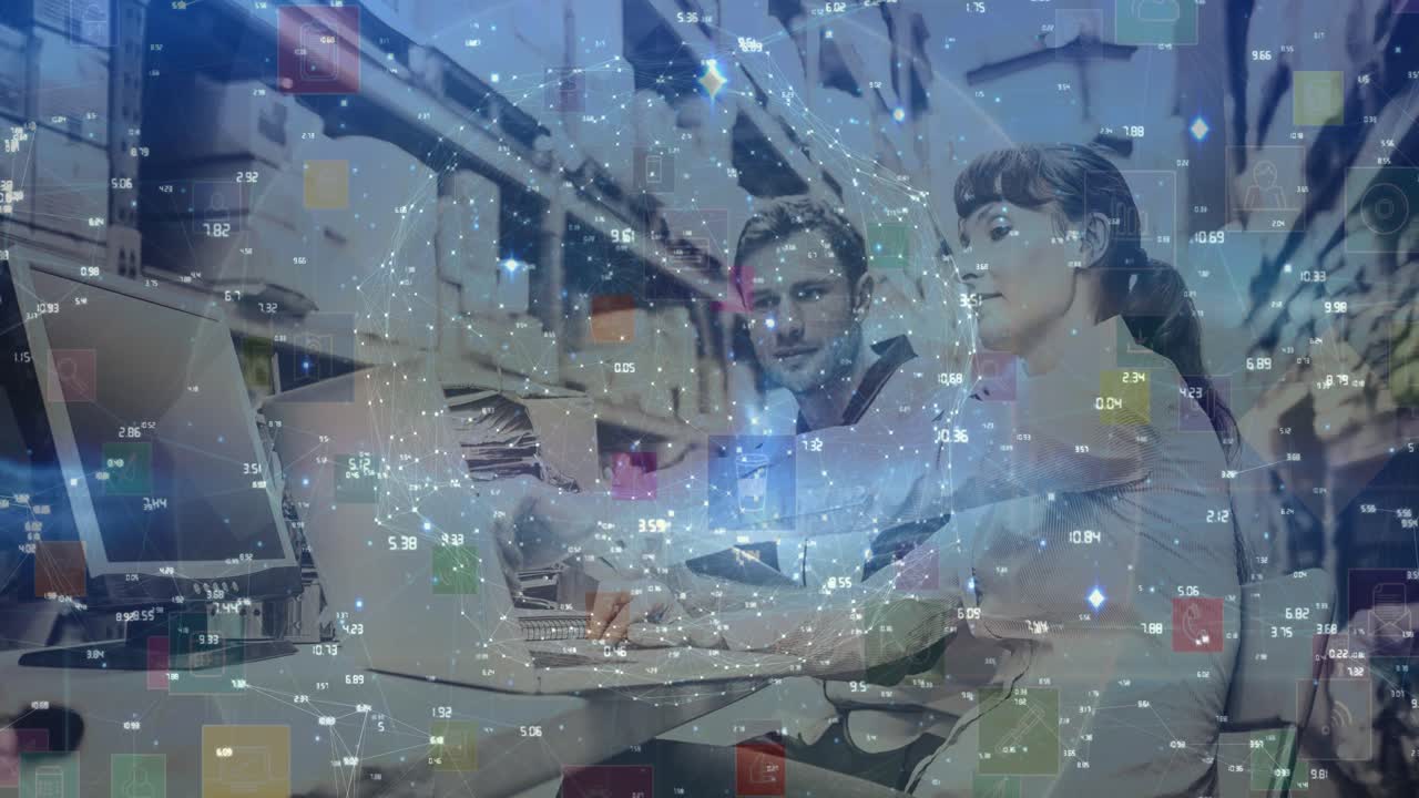 컴퓨터를 사용하여 커플을 통해 디지털 아이콘으로 연결 네트워크의 애니메이션