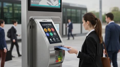 modern digital banking: a user interacts with a cryptocurrency atm in a busy urban environment, showcasing the future of financial transactions and technology integration
