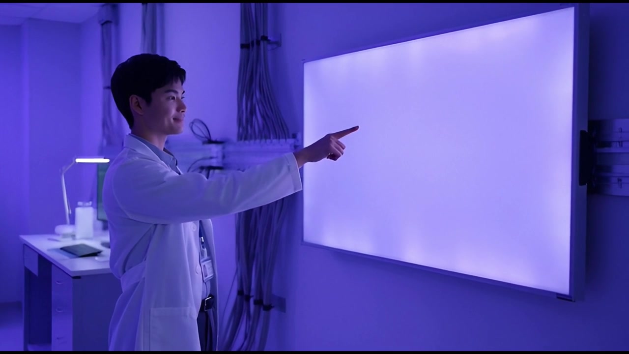 Young Scientist in Lab Coat Pointing at Glowing Screen