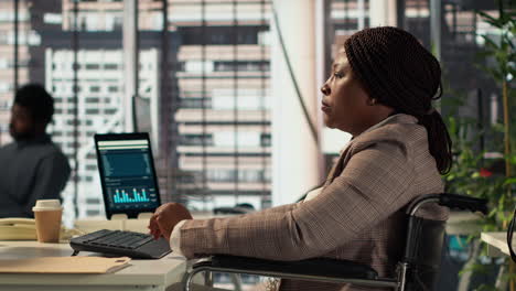 businesswoman in wheelchair working in office