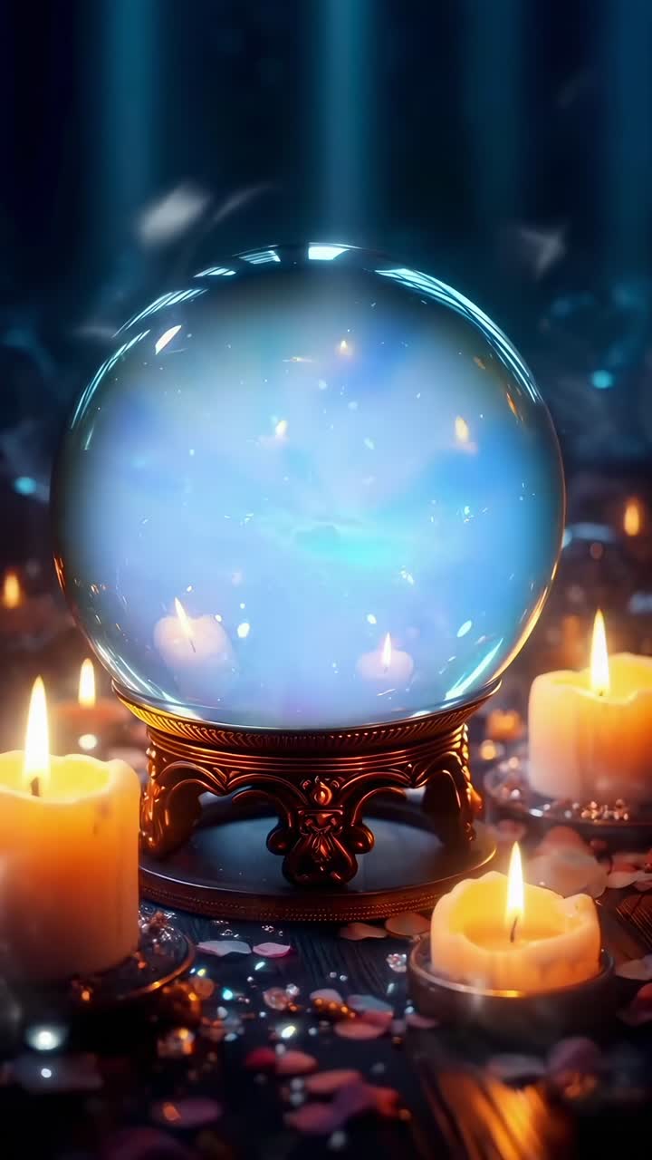 Bola kristal mistis dikelilingi lilin, direkam dalam bidikan video sudut rendah.