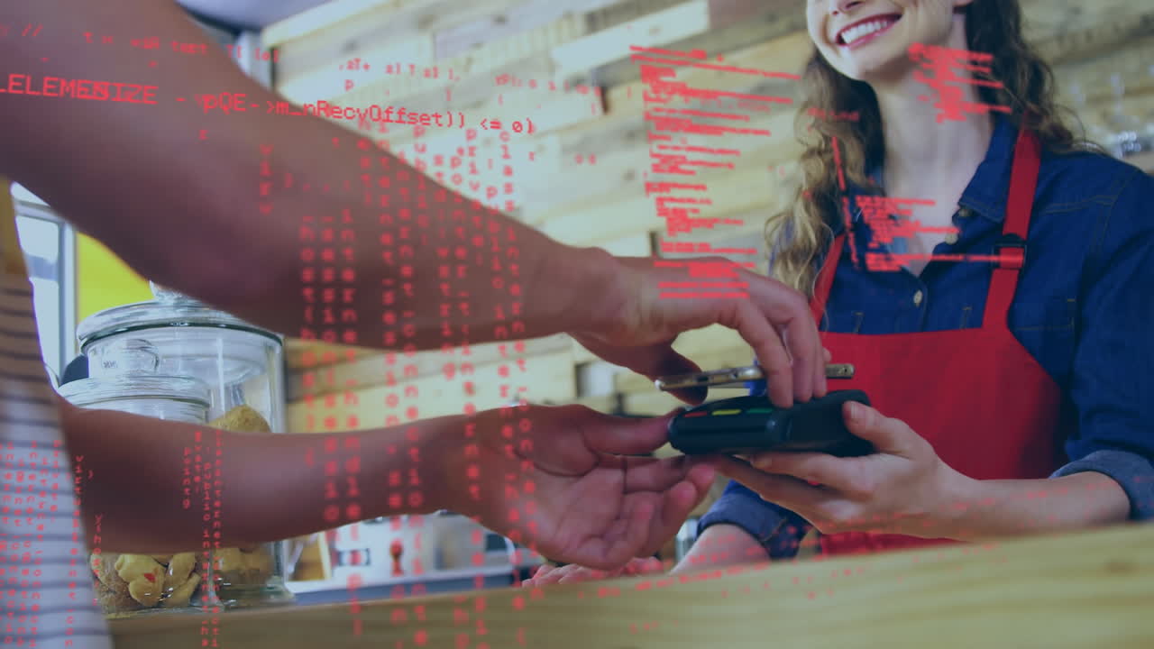 animación de procesamiento de datos sobre hombre biracial pagando con teléfono inteligente