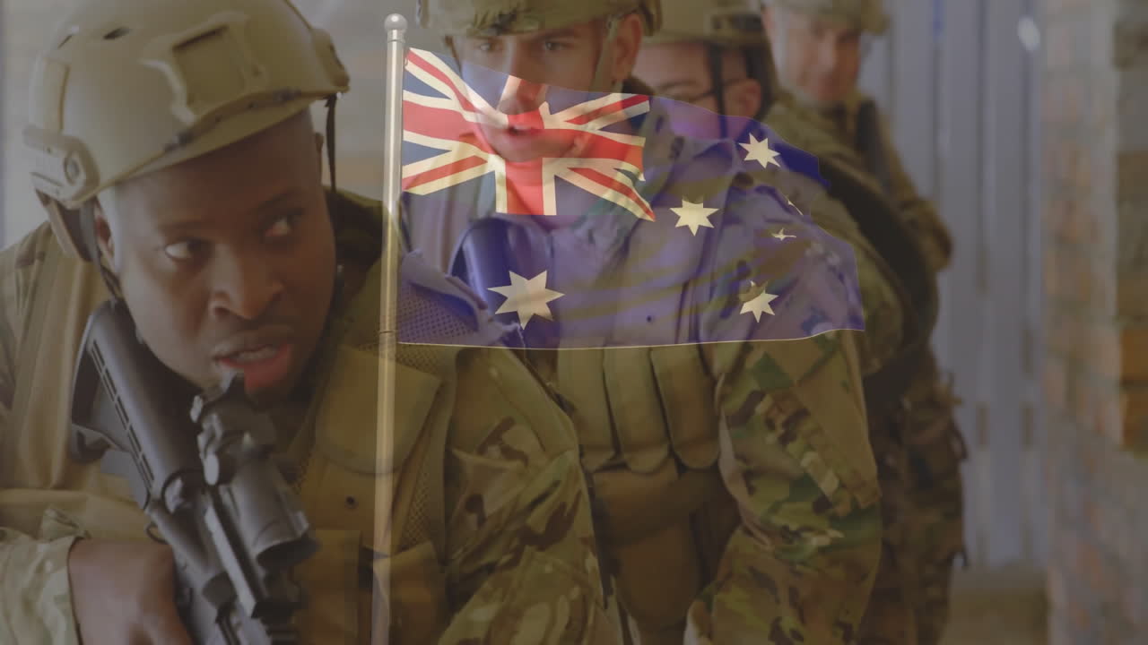 Waving Australian flag with soldiers in camouflage holding rifles in animation