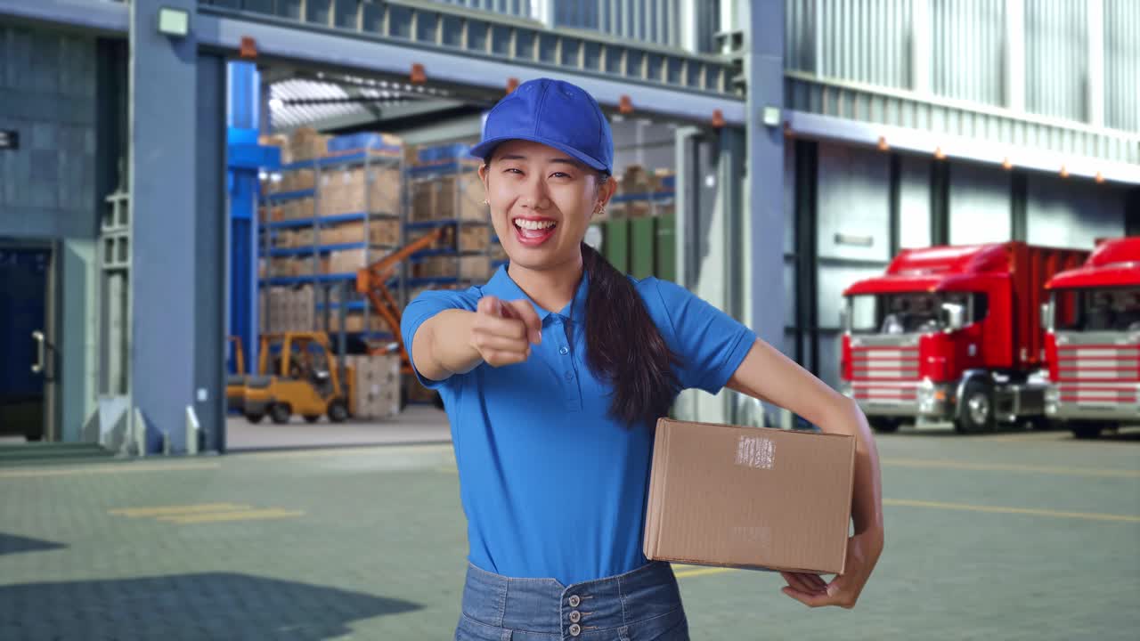 Corriere asiatica in uniforme blu sorridente che fa un gesto cordiale mentre consegna un cartone, fuori dal magazzino
