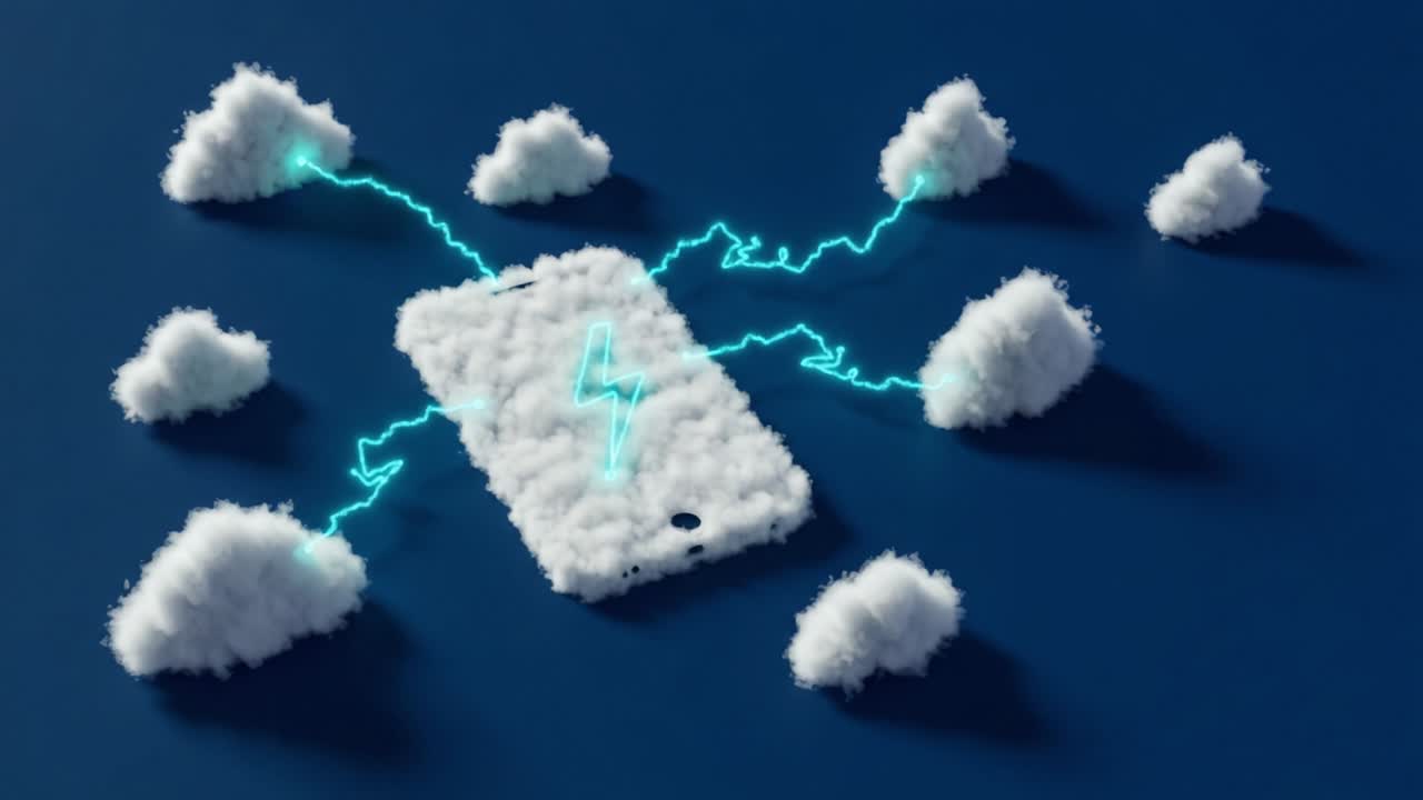 A Creative Interpretation of a Smartphone Surrounded by Fluffy Clouds, Representing Connectivity and Charging Through Abstract Lightning Designs in a Tranquil Atmosphere