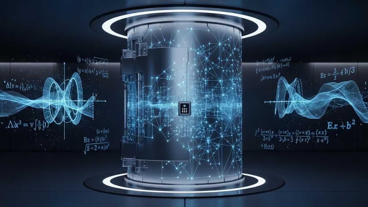 A futuristic data vault encapsulated in a sleek cylindrical structure, surrounded by glowing mathematical graphs and dynamic wave patterns that signify advanced technology and innovation